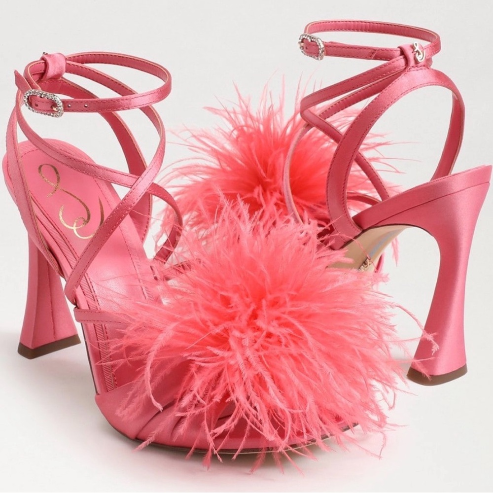 Sam Edelman Layton Feather Strappy Heels Rose Quartz Statement Sandal NWT Size 5 - Picture 5 of 16